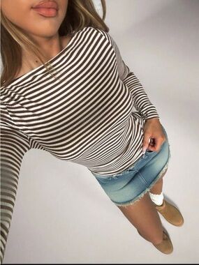 SHEIN Brown and White Striped Long Sleeve Tee